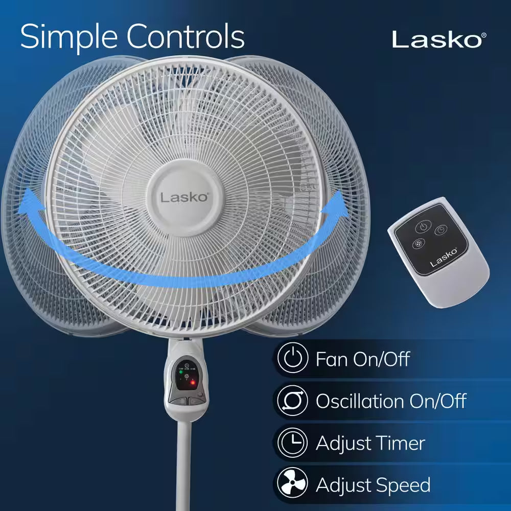 16 In. 3 Speed Oscillating Pedestal Fan with Adjustable Height, Remote Control, and Auto off Timer in White