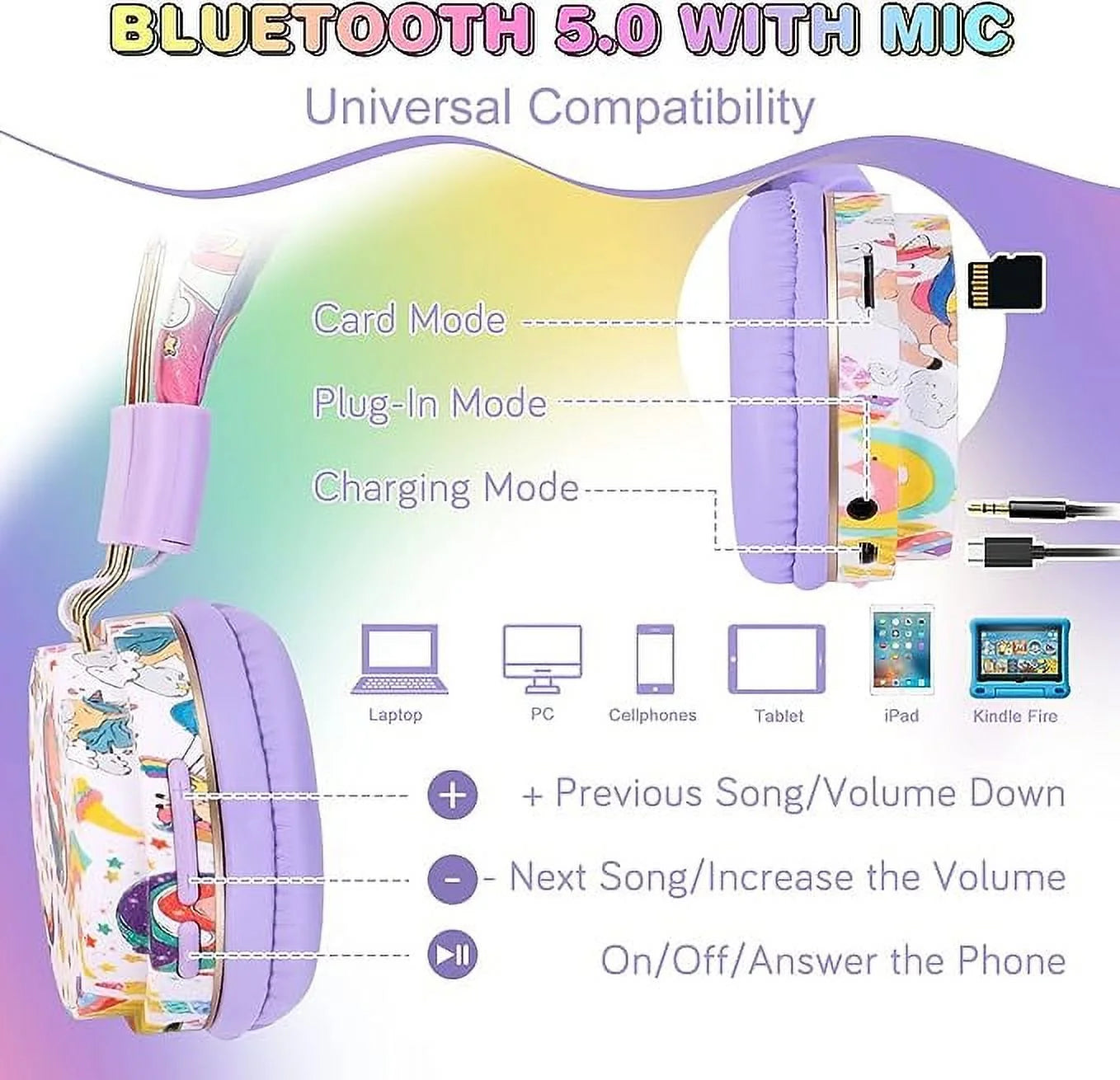 Qearfun Unicorn Headphones for Girls Kids for School, Kids Bluetooth Headphones with Microphone & 3.5Mm Jack, Teens Toddlers Wireless Headphones with Adjustable Headband for Tablet/Pc (Purple)