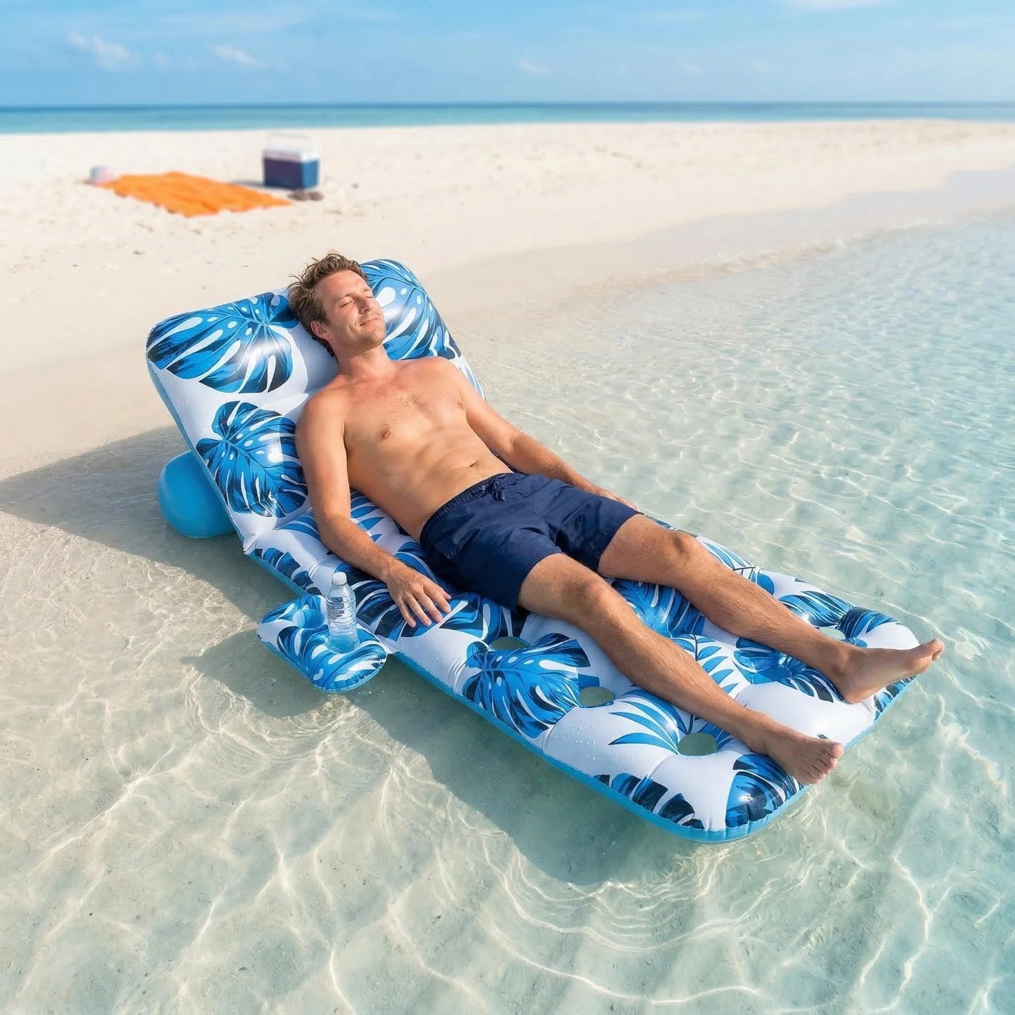 Inflatable Pool Float Adult - Pool Floaties Lounger Floats Floating Chair Raft with Adjustable Backrest Cup Holders Water Floaty Lake Lounge Tanning Floats Beach Party Toys for Adults (Blue)