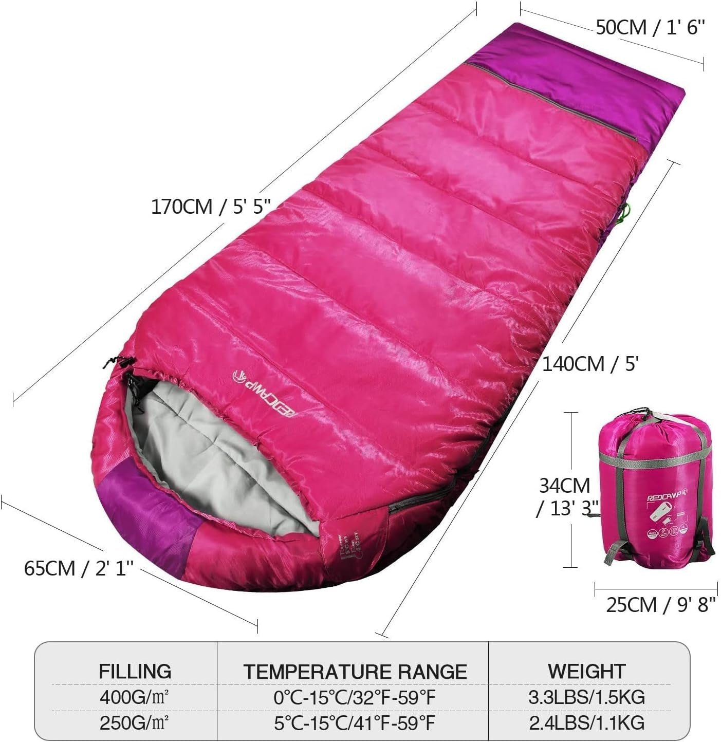 Kids Mummy Sleeping Bag for Camping, 3 Season Cold Weather Sleeping Bag for Boys, Girls & Teens, Lightweight Portable Sleeping Bag with Carry Bag, Blue/Rose Red