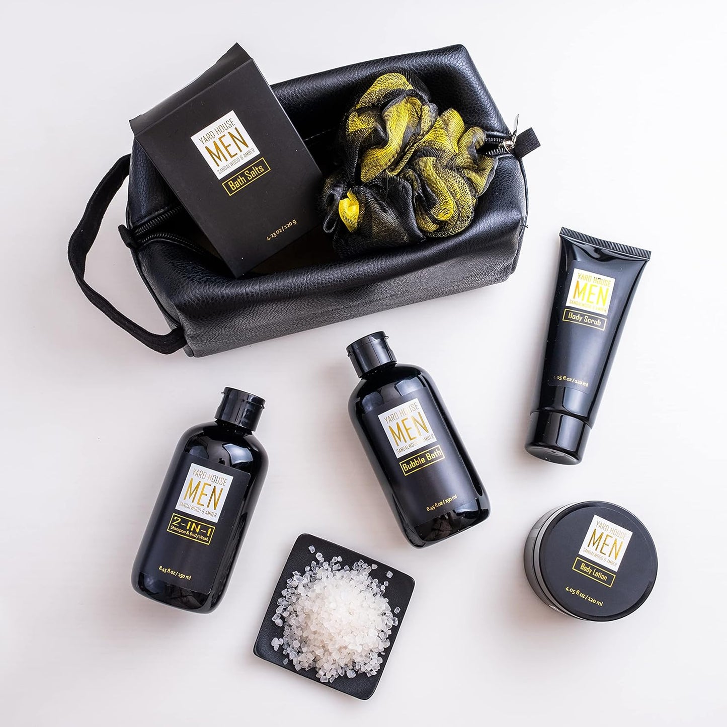 Bath and Body Spa Gift Baskets Set for Men - Sandalwood Amber - 7Pc Full Size Spa Kit in Toiletry Bag - Fathers Day Gifts for Husband, Dad from Wife, Daughter Son, Birthday Gifts for Him