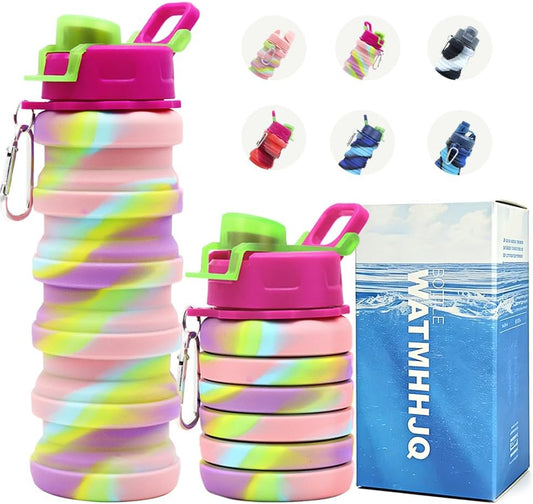 Silicone Collapsible Water Bottles, 16Oz 500Ml Portable Foldable Expandable Water Bottle Sports Cups, Leak Proof Reusable BPA Free, for Outdoor Activities Travel(2# Pink)