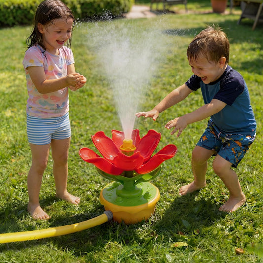 Water Sprinkler for Kids, 3-In-1 Crab Outdoor Toy with Toss Game, Batting Game & Splashing Fun, Attaches to Garden Hose, Summer Backyard Lawn Toy for Boys & Girls Ages 3-8 (Red Flower)
