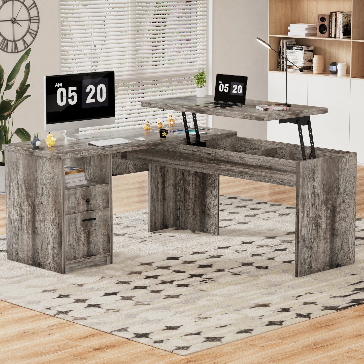 Lift Top L-Shaped Desk with Charge Station, Corner Standing Desk with File Drawers for Home Office