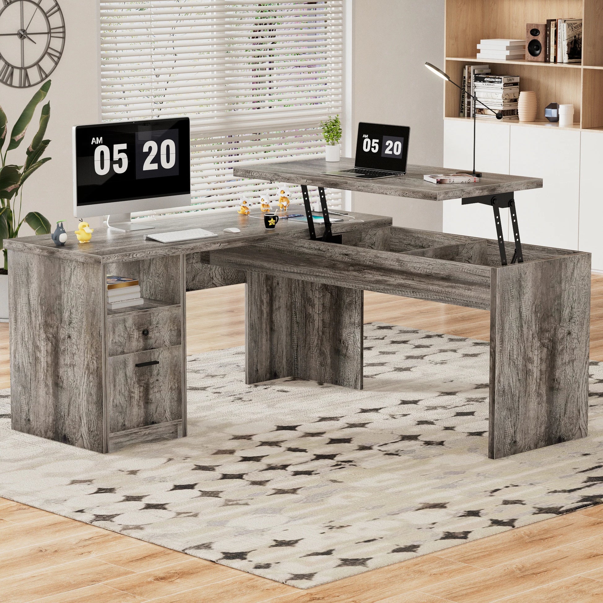 Lift Top L-Shaped Desk with Charge Station, Corner Standing Desk with File Drawers for Home Office