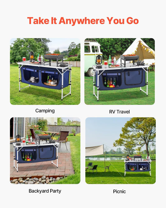 4 ft Folding Camping Kitchen Table Aluminum Frame MDF Top with Storage Organizer Adjustable Legs Portable Outdoor Cooking Table White