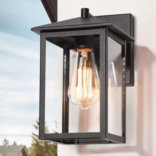 Outdoor Wall Lantern Light Black 1-Light E26 Base Clear Glass Shade Weather Resistant Porch Patio Fixture