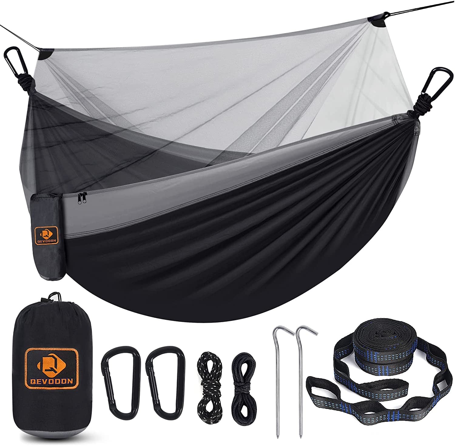 Camping Hammock with Mosquito Net, Portable Lightweight Parachute Nylon, Tree Straps, D-Shape Carabiners, 114 x 57 Inch