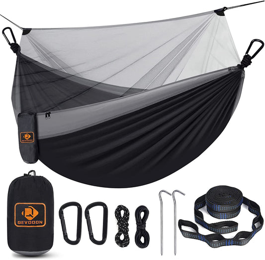 Camping Hammock with Mosquito Net, Portable Lightweight Parachute Nylon, Tree Straps, D-Shape Carabiners, 114 x 57 Inch