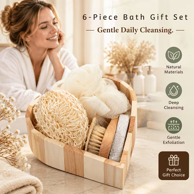 Woman next to the 6-piece bath gift set in a wooden box with sponge, scrubber and brush