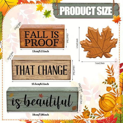 Four centerpiece pieces with sizes: three wooden word blocks and a maple leaf topper