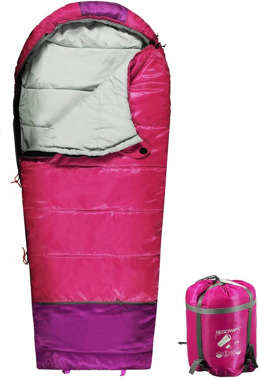 Kids Mummy Sleeping Bag for Camping, 3 Season Cold Weather Sleeping Bag for Boys, Girls & Teens, Lightweight Portable Sleeping Bag with Carry Bag, Blue/Rose Red