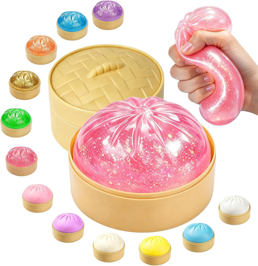 12PCS Glitter Dumplings Squishy Toy, Crazy Fun Dumpling Squishy with Box, Stretchable Squishies Dumpling Squeeze Stress Balls Fidget Sensory Squishy for Holiday