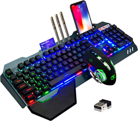 Wireless Gaming Keyboard and Mouse Combo Rainbow Backlit Rechargeable 2.4GHz USB Mechanical Feel Keyboard with 3800mAh Battery and 2400 DPI Mouse