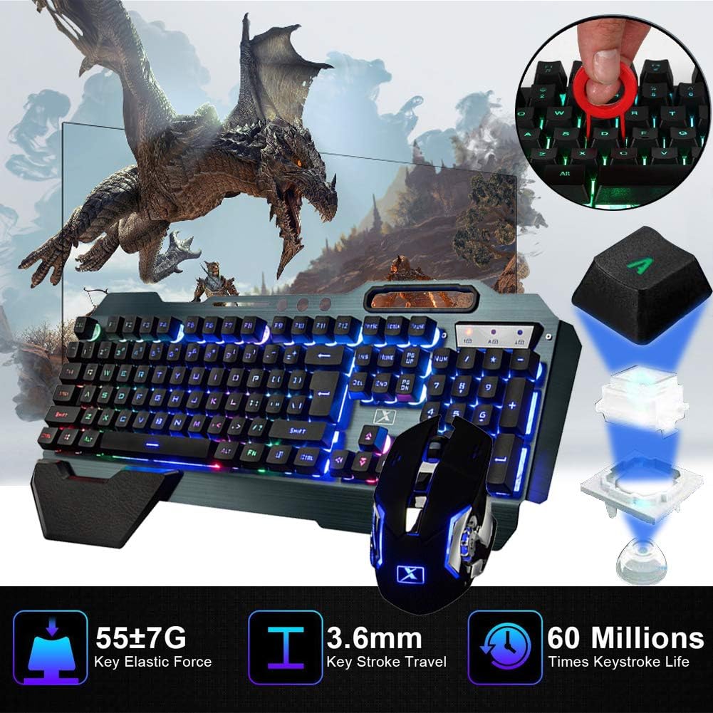 Wireless Gaming Keyboard and Mouse Combo Rainbow Backlit Rechargeable 2.4GHz USB Mechanical Feel Keyboard with 3800mAh Battery and 2400 DPI Mouse