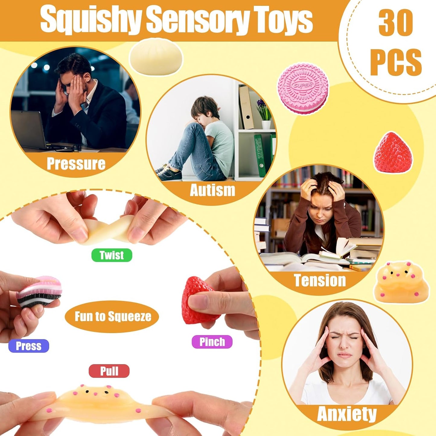 30Pcs Taba Squishy Toys Kit, Mini Kawaii Squishy Stress Relief Fidget Toys for Party Favors Birthday Gifts, Include Cookies, Hamster, Strawberry Toys & 20 Sheets Stickers