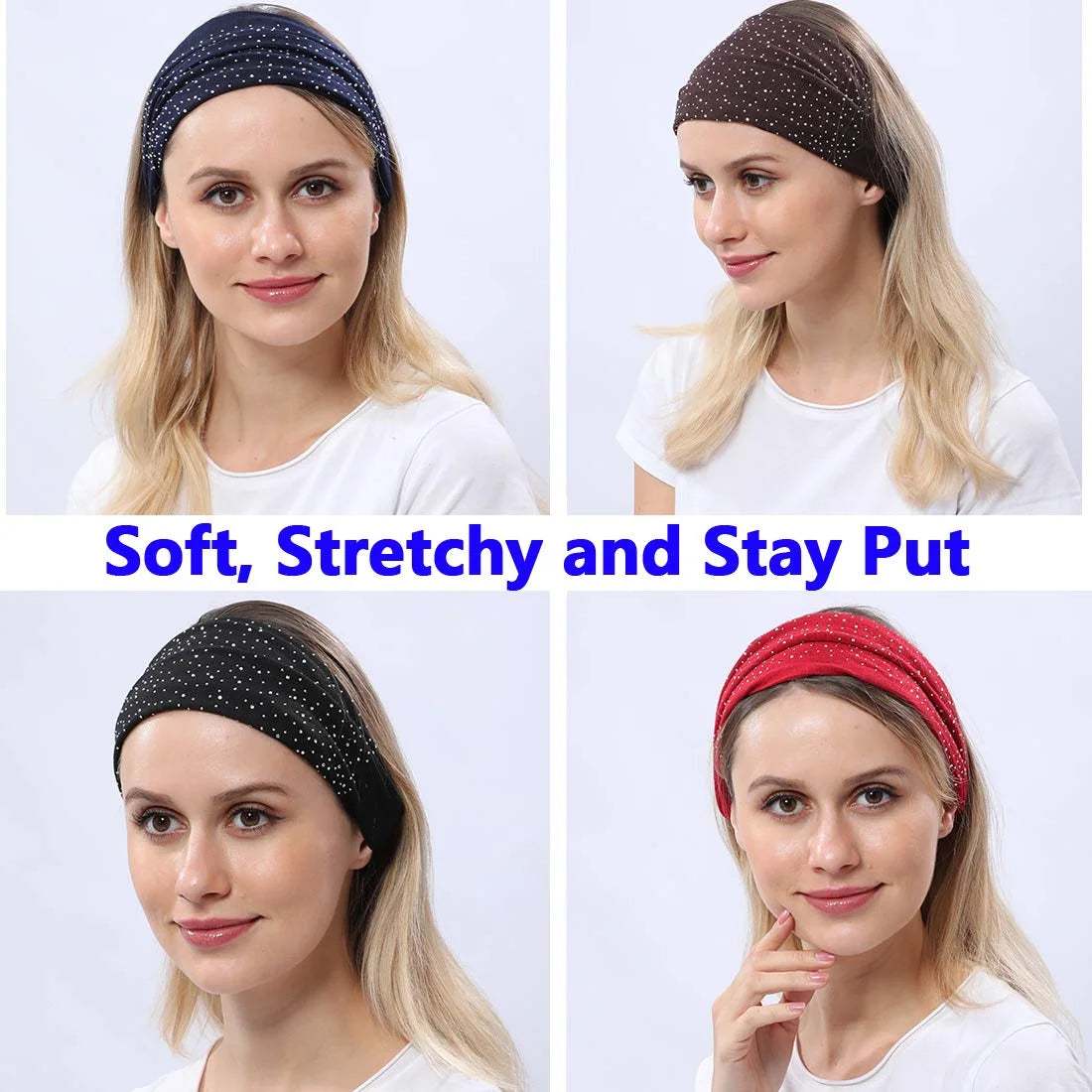4 Pack Womens Yoga Headbands Bandana, Turban Head Wraps Hair Bands for Women Teens, Elastic Wide Solid Head Bands Hair Wraps with Rhinestone, Workout Trendy Hair Accessories (2020 Diamond Design)