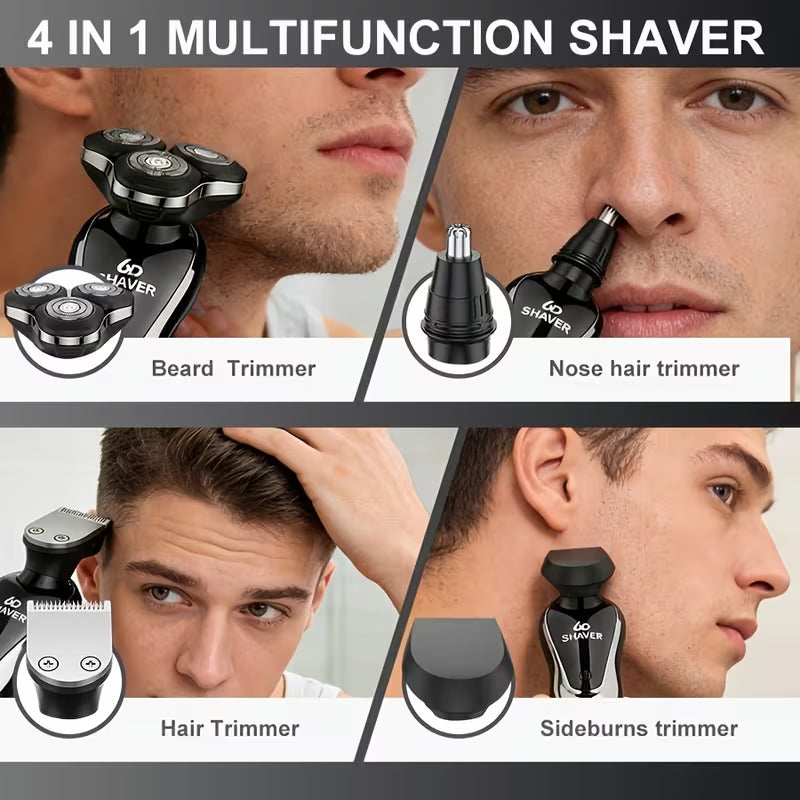Electric razor attachments in use: beard trimmer, nose hair trimmer, hair trimmer and sideburn trimmer