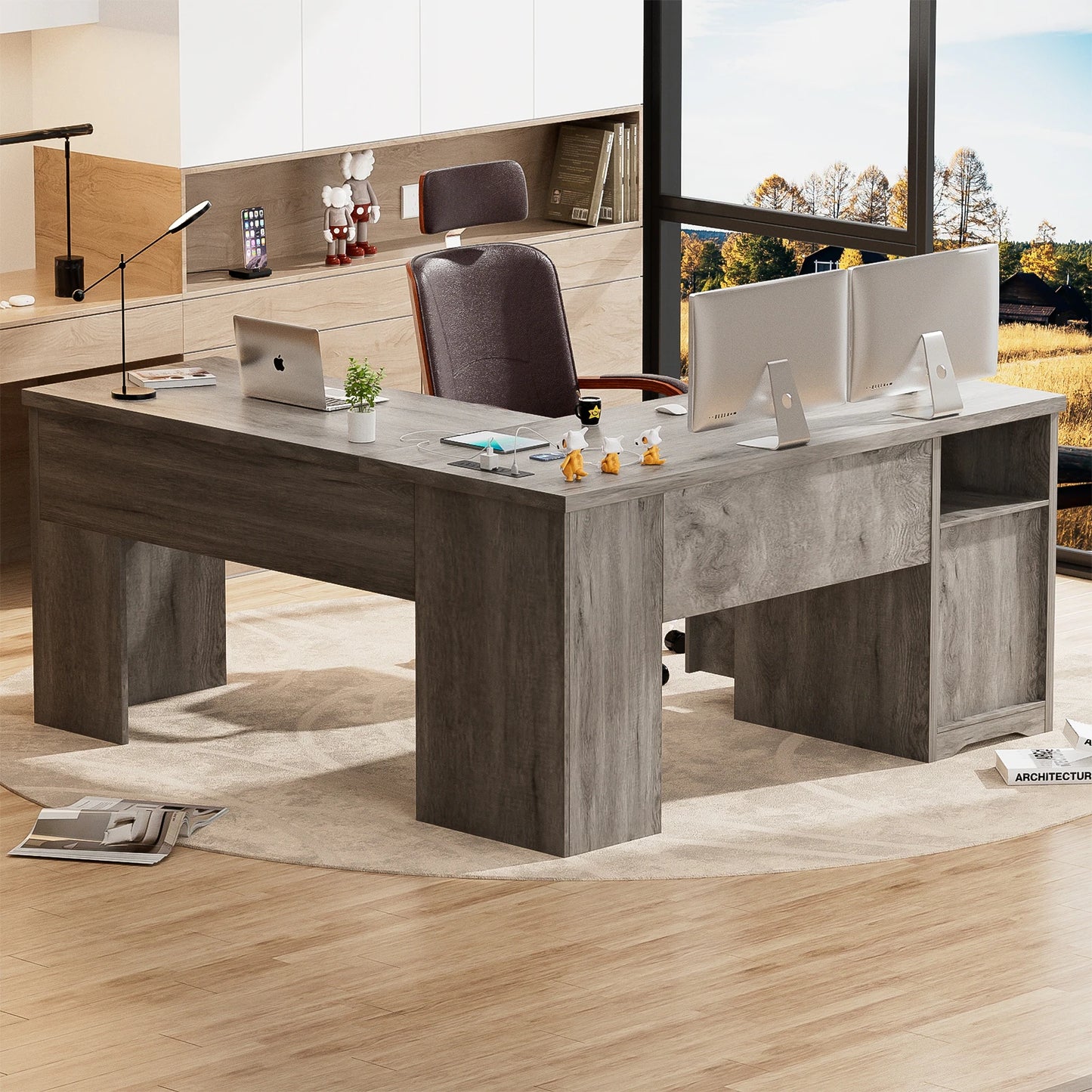 Lift Top L-Shaped Desk with Charge Station, Corner Standing Desk with File Drawers for Home Office