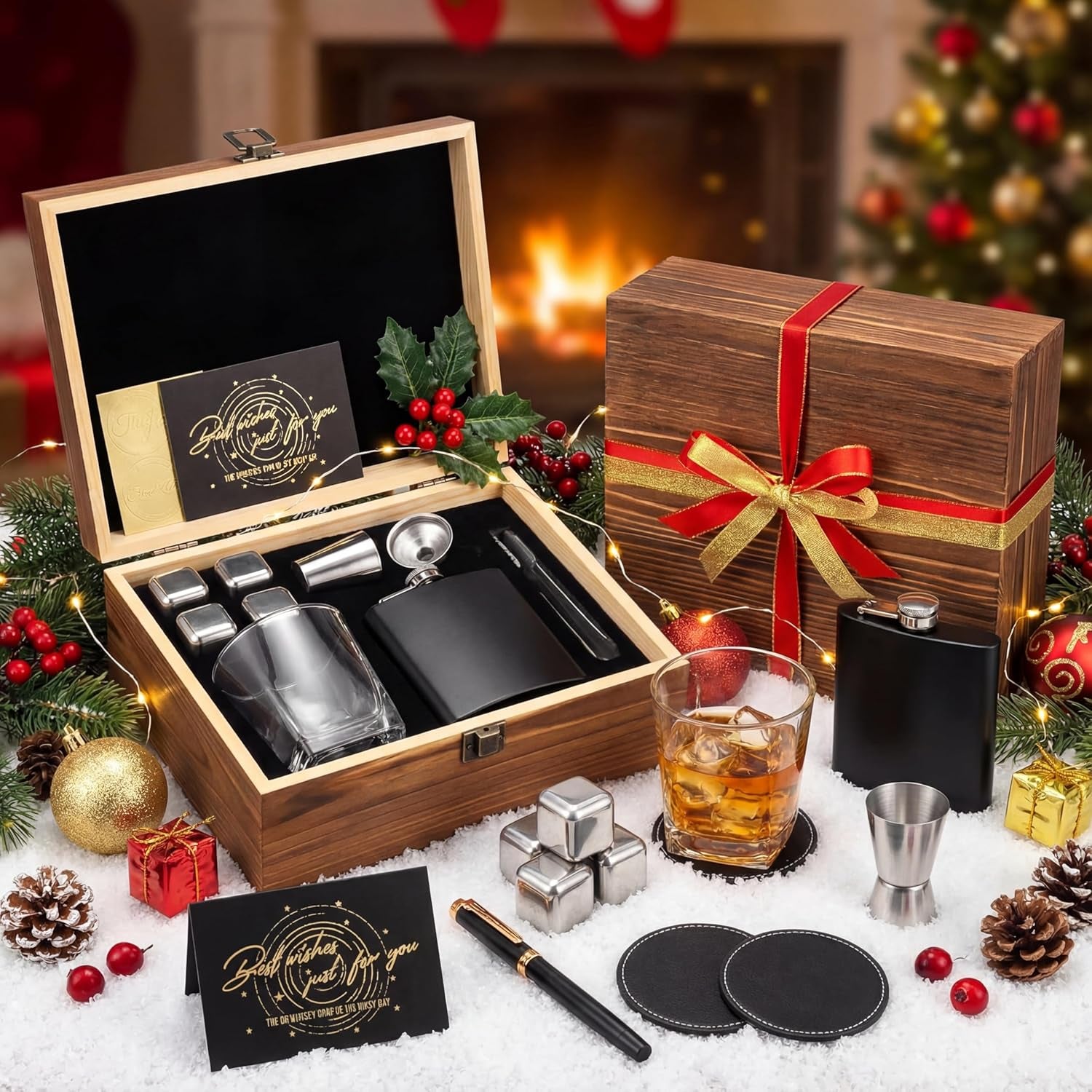 Gifts for Men Dad,12 Pcs Whiskey Gifts Set with Whiskey Glasses Stainless Steel Stones Flask Coaster Pen Card for Father'S Day Birthday Retirement Gift for Husband Drinking Lover(Classic)