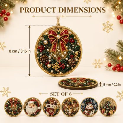 Round Christmas diamond-art ornament with a red bow design, and the set of six ornaments, with sizes
