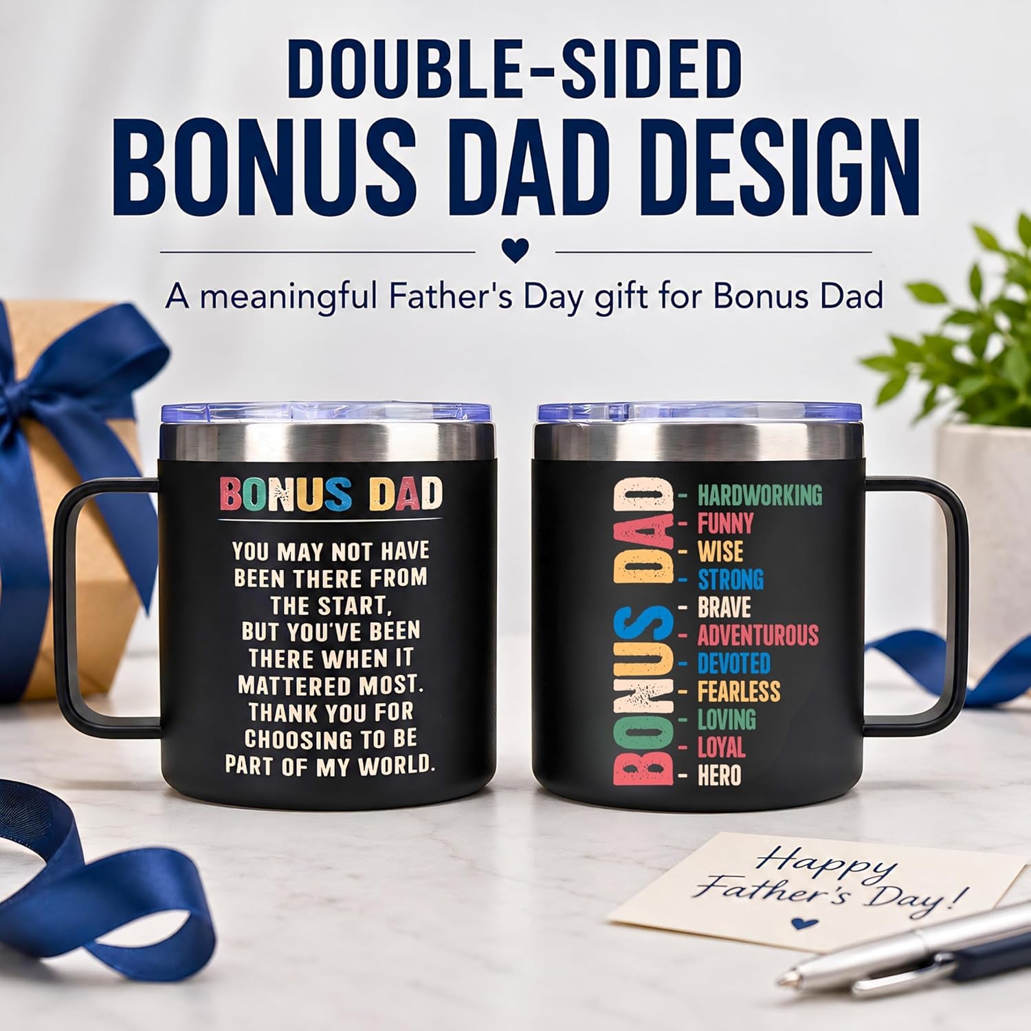 Bonus Dad Fathers Day Gift, Bonus Dad Gifts, Fathers Day Gift for Stepdad from Daughter, Son, Wife, 14 Oz Stainless Steel Mug, Best Step Dads Giftss, Stepped up Dads Gifts for Father'S Day, Birthday