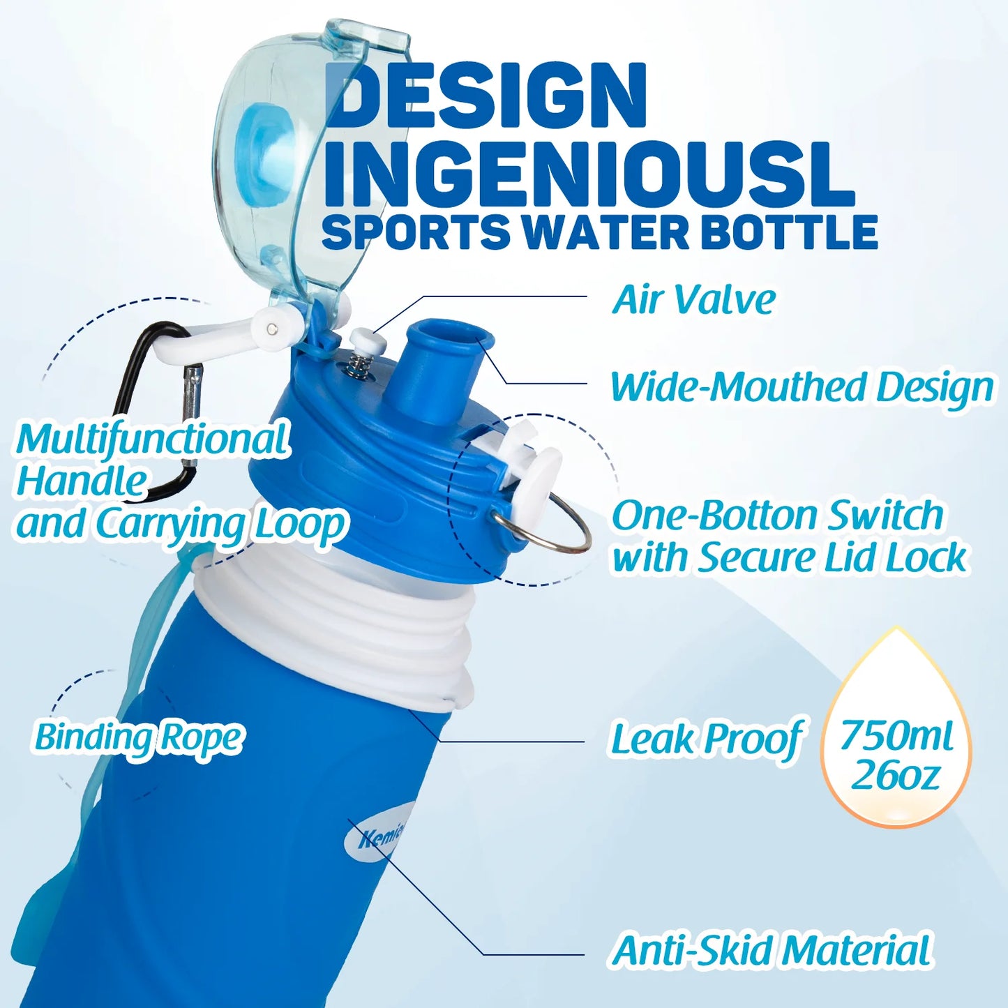Collapsible Silicone Water Bottle 750ml 26oz Medical Grade BPA Free Leak Proof Foldable Travel Sports Outdoor Water Bottle with Carabiner