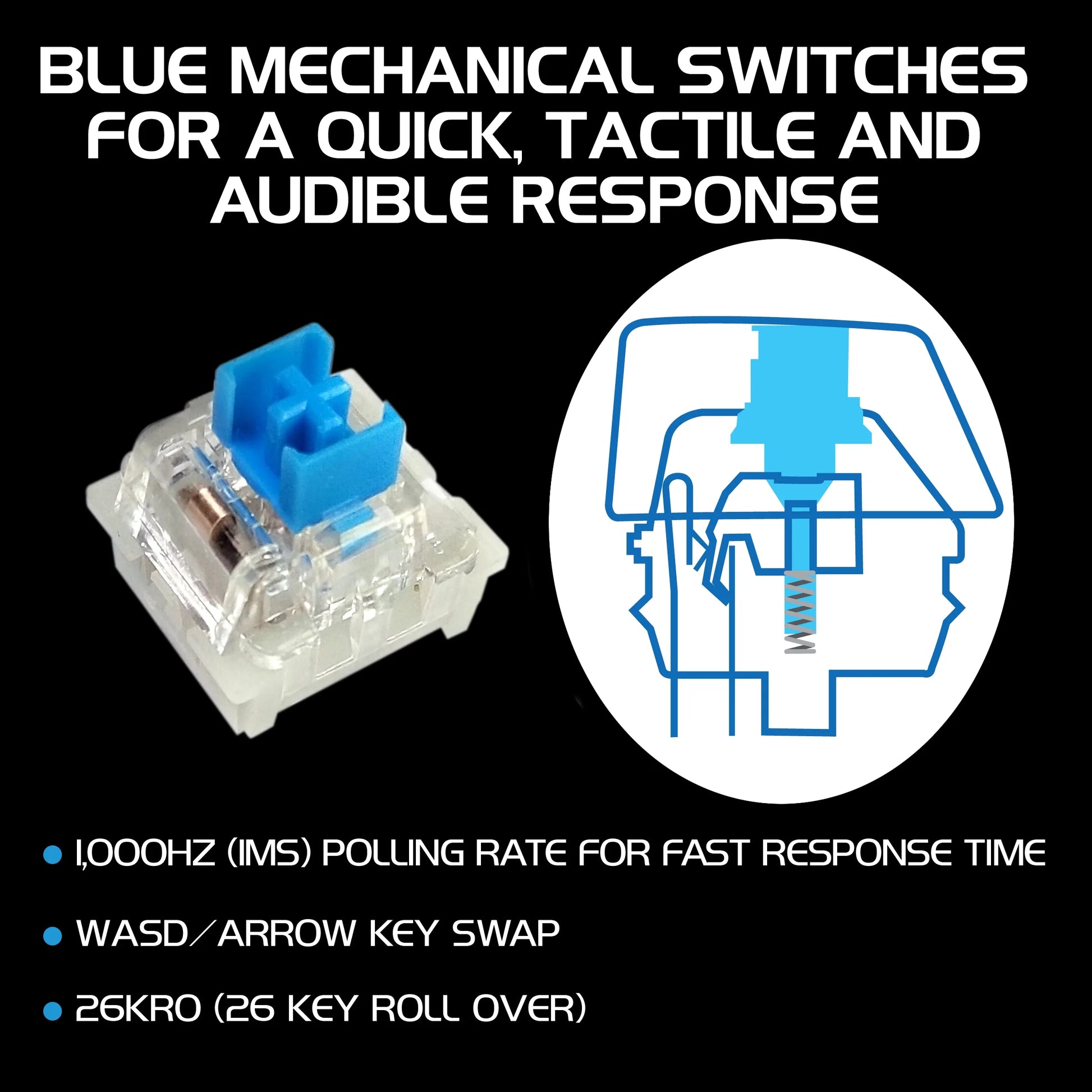 Gaming Keyboard W/ Blue Tactile Mechanical Switches - Rainbow LED with 7 Effects