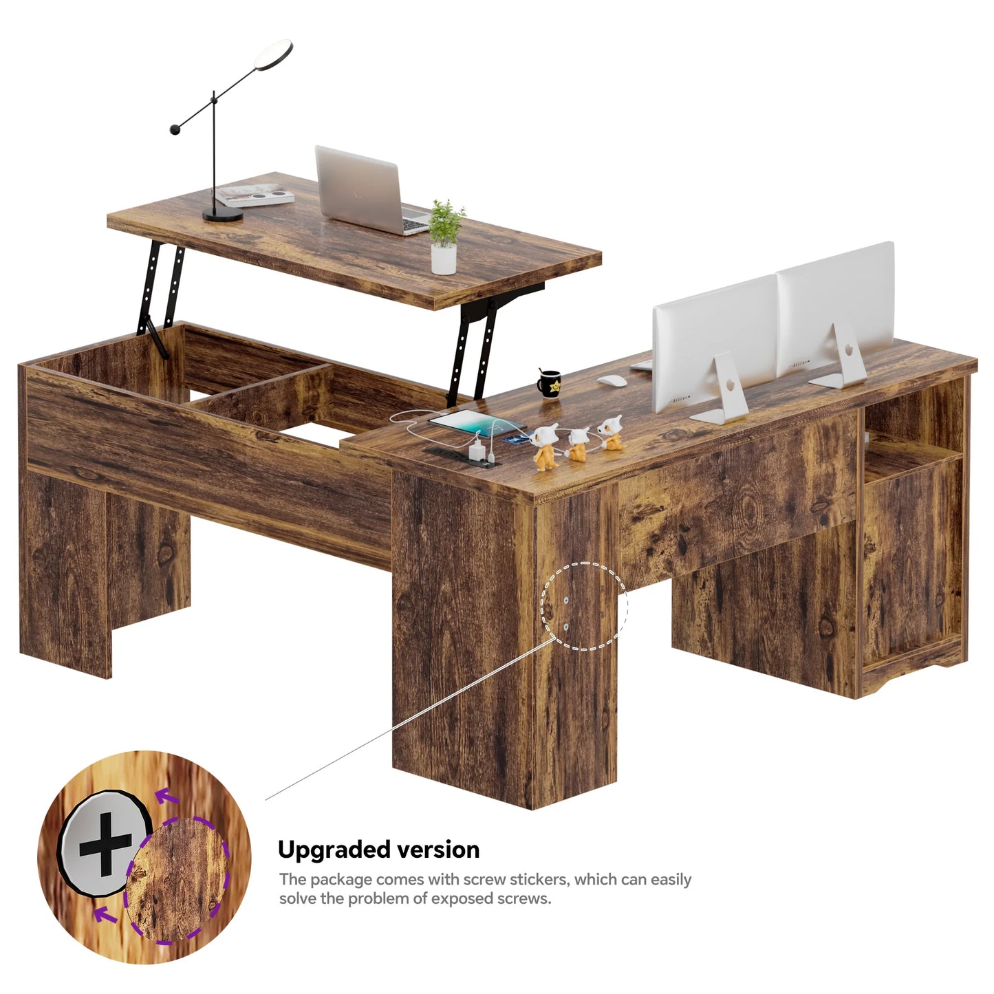 Lift Top L-Shaped Desk with Charge Station, Corner Standing Desk with File Drawers for Home Office