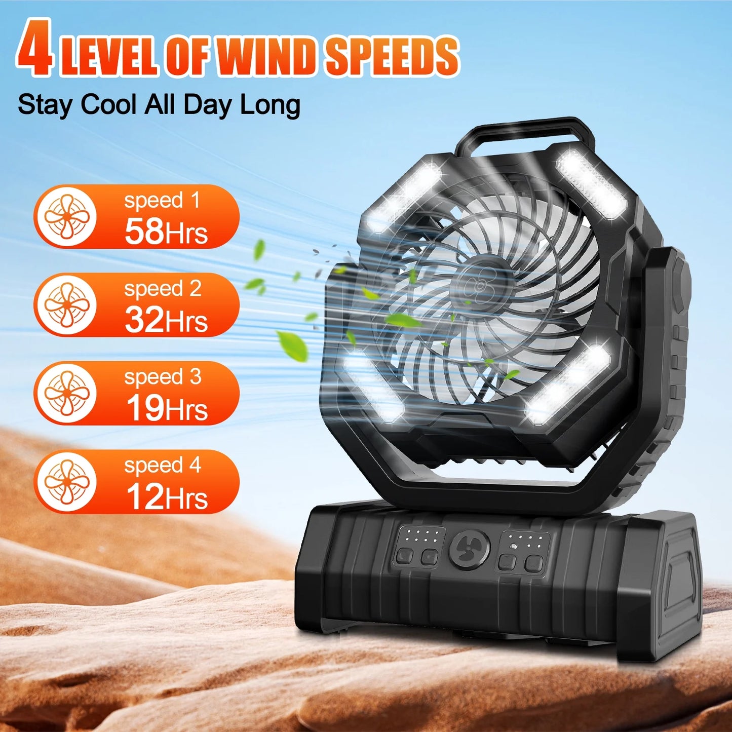 Camping Fan with LED Lantern, 20000mAh Rechargeable Battery, 270° Adjustable Rotation, 4-Speed Portable Tent Fan, Black