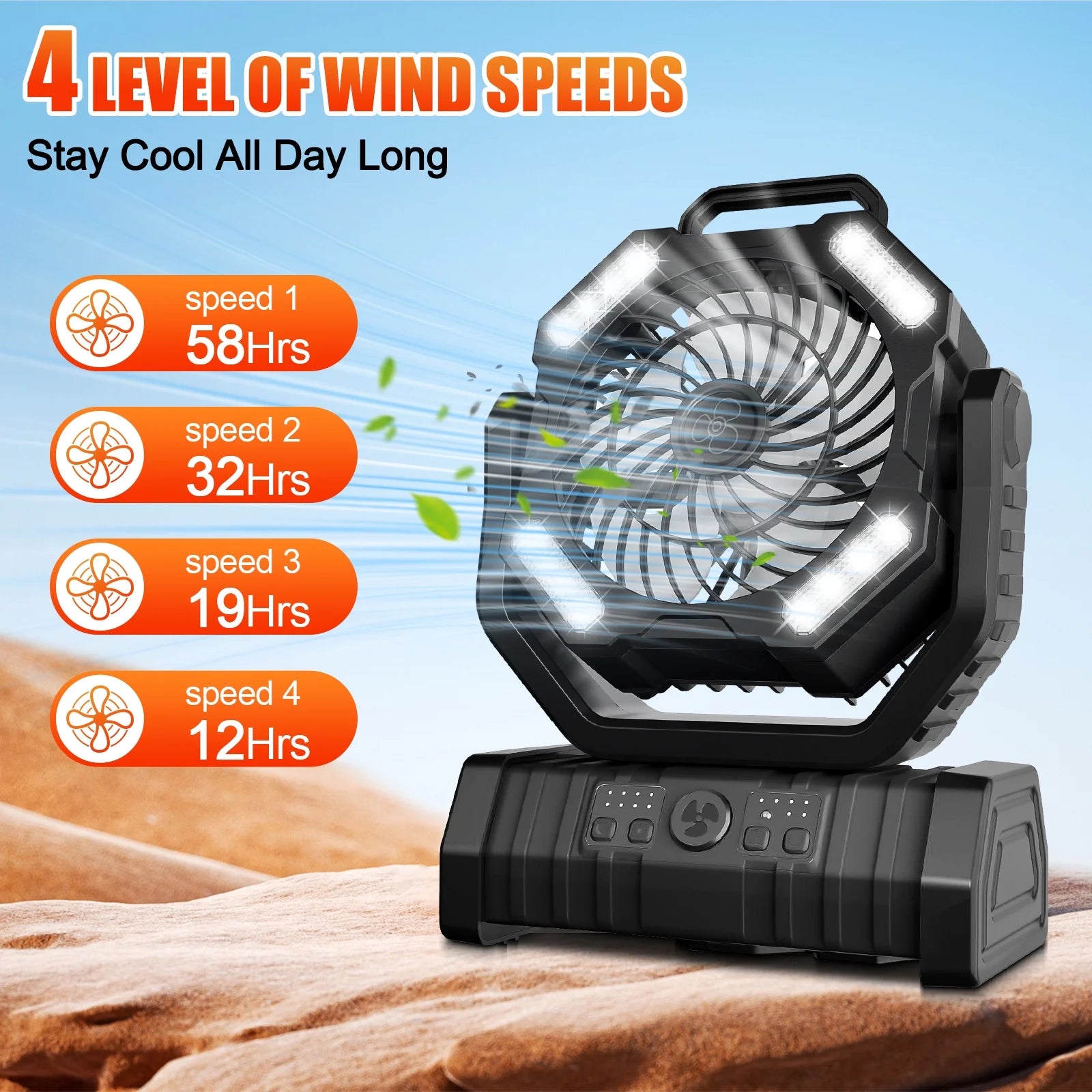 Camping Fan with LED Lantern, 20000mAh Rechargeable Battery, 270° Adjustable Rotation, 4-Speed Portable Tent Fan, Black