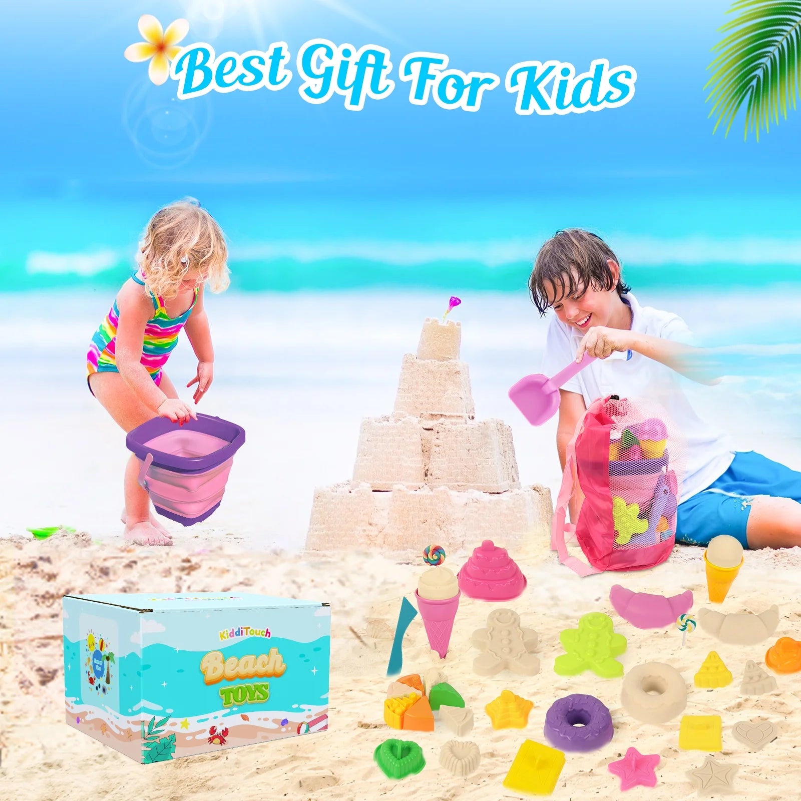 35 Piece Beach Sand Toy Set with Collapsible Silicone Bucket Mesh Bag and Molds Kids Outdoor Sandbox Play Ages 3-12