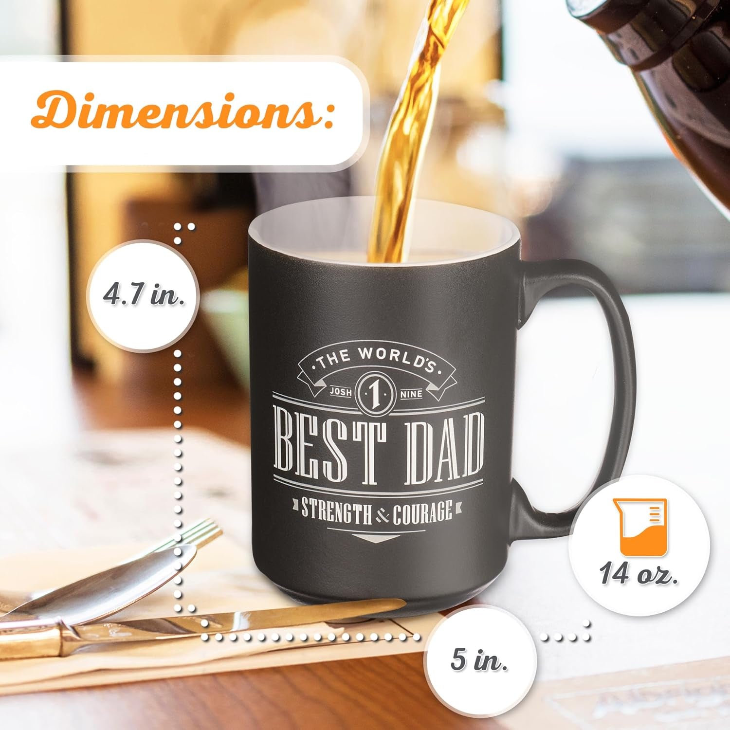 Large Ceramic Coffee & Tea Mug for Dads & Fathers: World'S Best Dad Strength & Courage Inspirational Bible Verse, Non-Toxic Lead-Free, Microwave/Dishwasher Safe, Black/White, 14Oz.