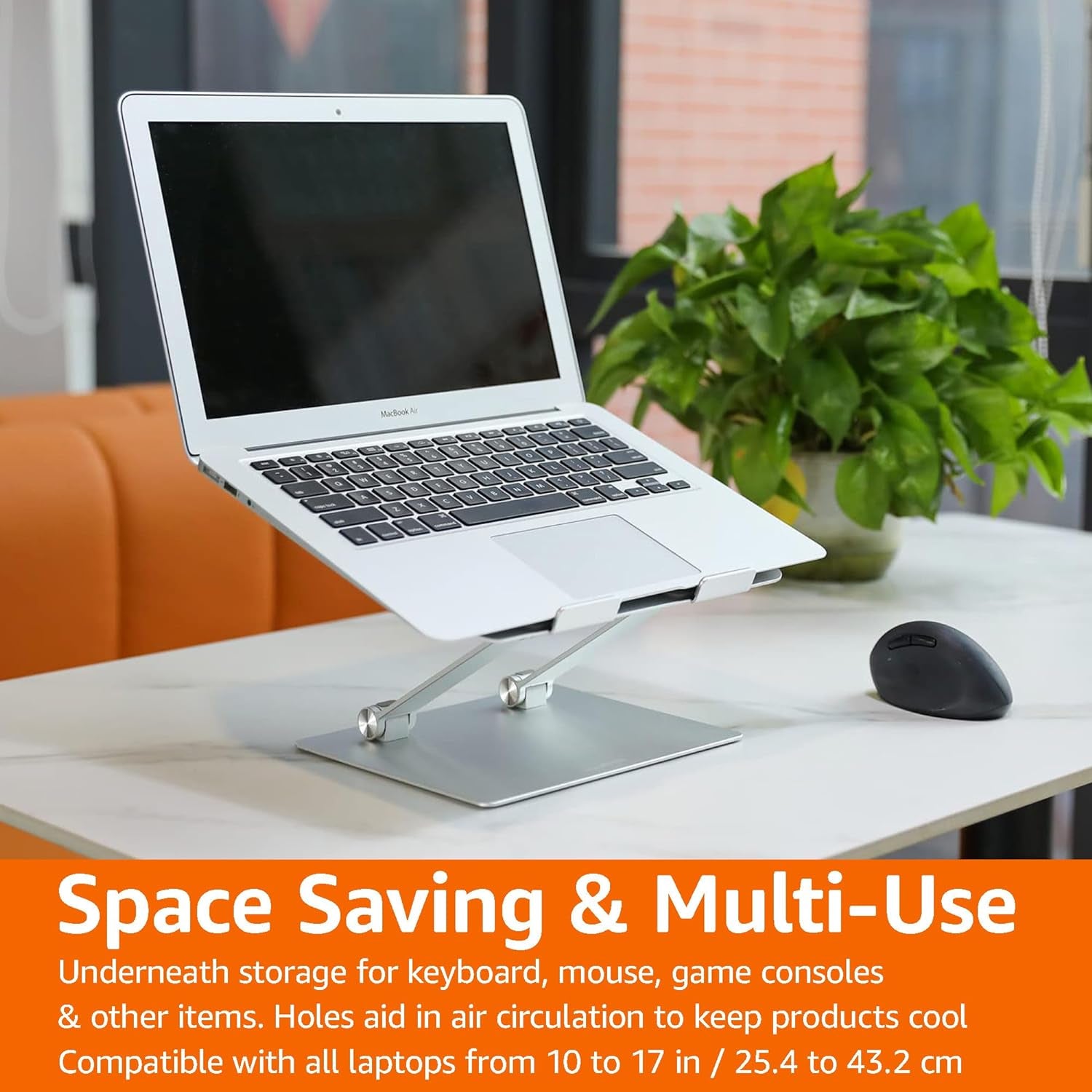 Sturdy and Portable Ergonomic Laptop Stand for Desk, Height Adjustable Riser with Ventilated Cooling, Foldable, Fits All Laptops up to 15.6 Inch, Silver