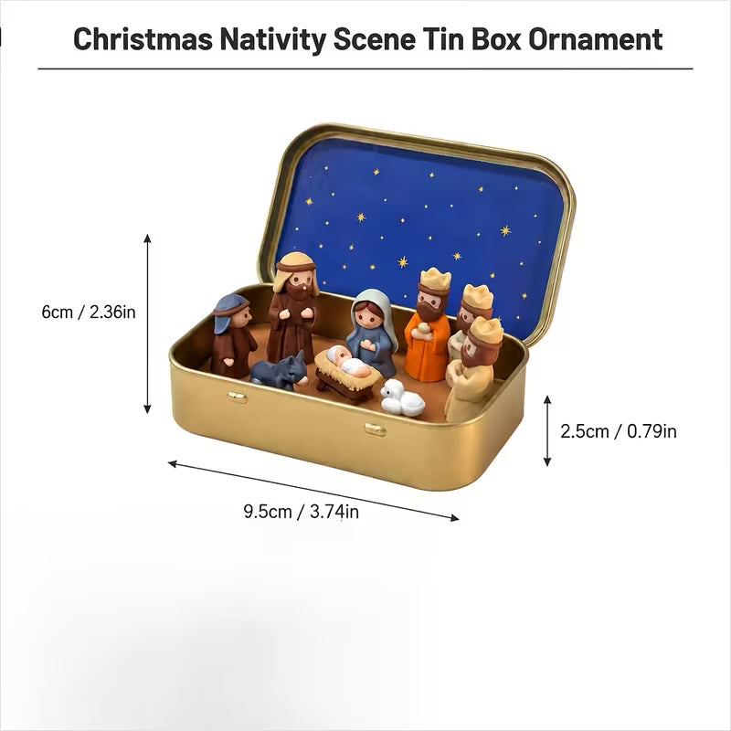 Miniature nativity figures inside an open gold tin box with a starry blue lid, shown with size measurements
