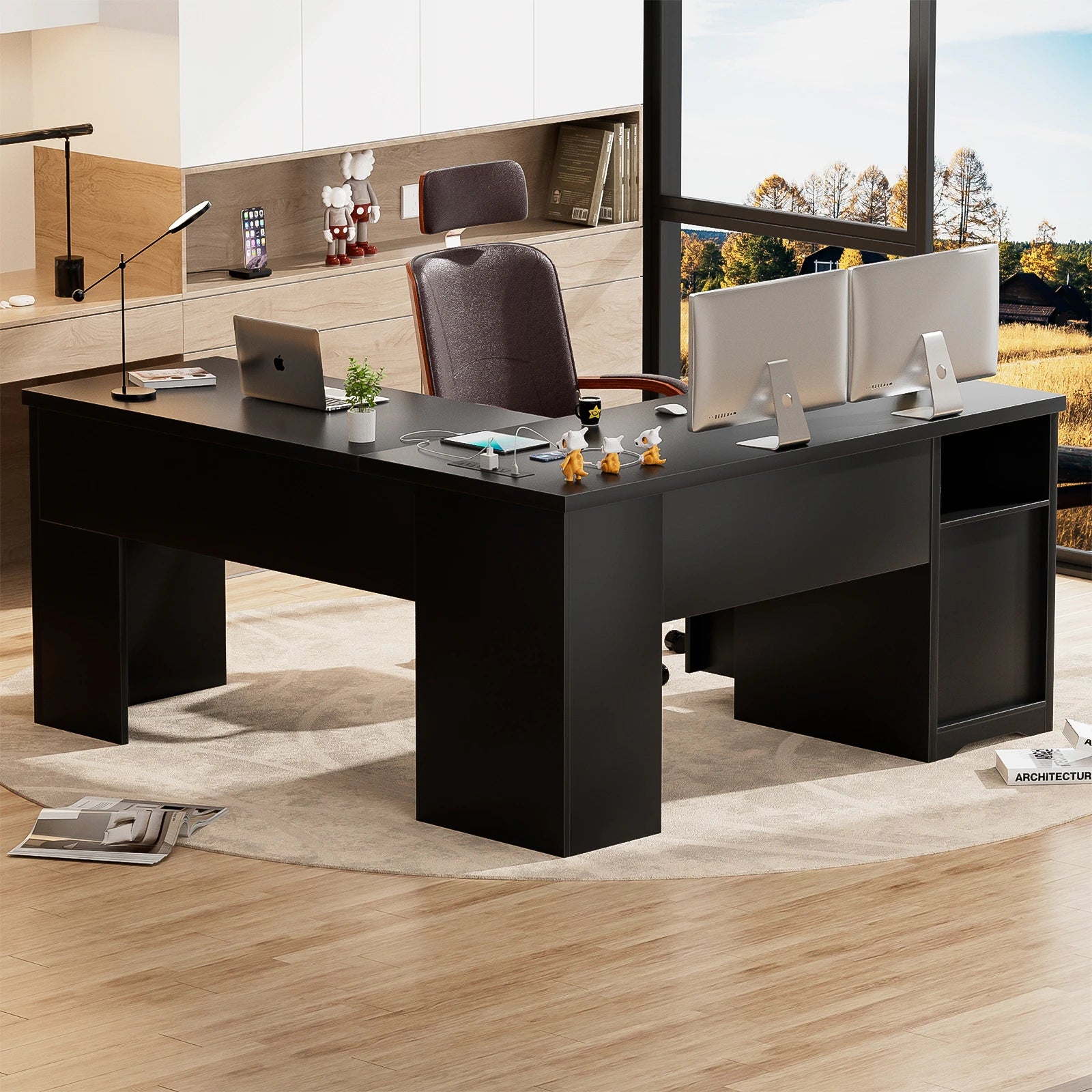 Lift Top L-Shaped Desk with Charge Station, Corner Standing Desk with File Drawers for Home Office
