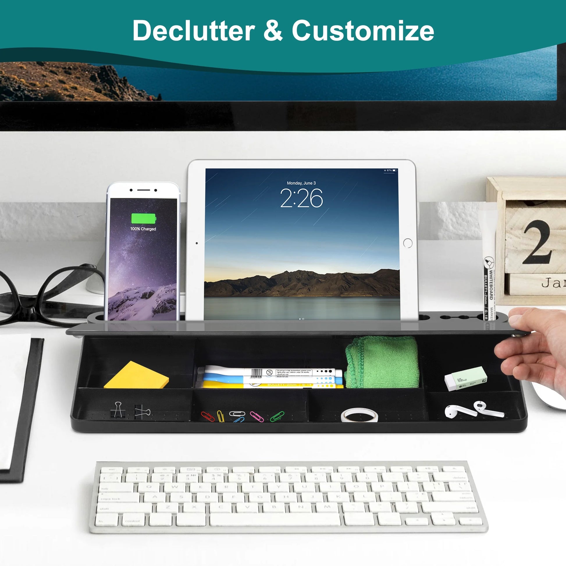 Desk White Board with Computer Keyboard Stand, Desktop Glass Whiteboard with Storage, Black Dry Erase Board with Drawers for Home Office Desk Organizers with Accessories