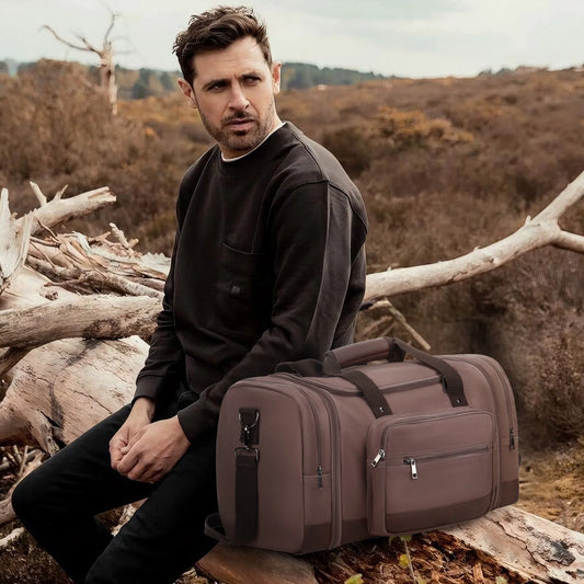 Duffle Bag for Travel Bag 46L Large Expendable Duffle Bags for Men Weekender Bag with Trolly Sleeve for Business Trip Travel Camp Gym, Coffee