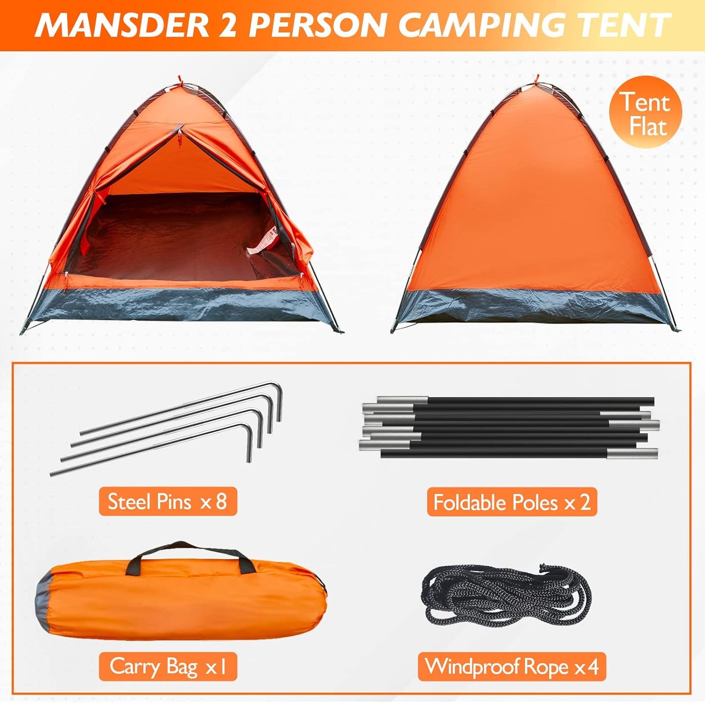 2 Person Camping Dome Tent Waterproof Lightweight Portable 82.7 x 55 x 43.5 in Backpacking Hiking Tent Green