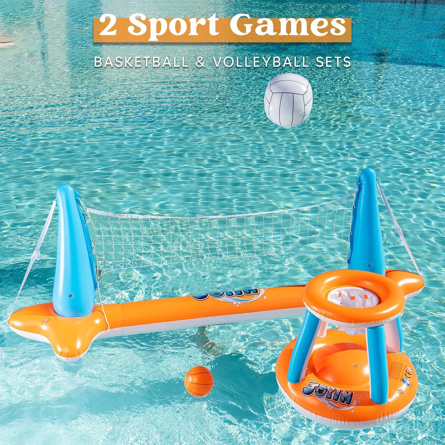 Pool Toys Games Set-Inflatable Pool Float Set Volleyball Net & Basketball Hoops, 2 In1 Floating Swimming Game Toy, Volleyball Swimming Pool Game for Kids and Adults, Backyard Beach Summer Toys