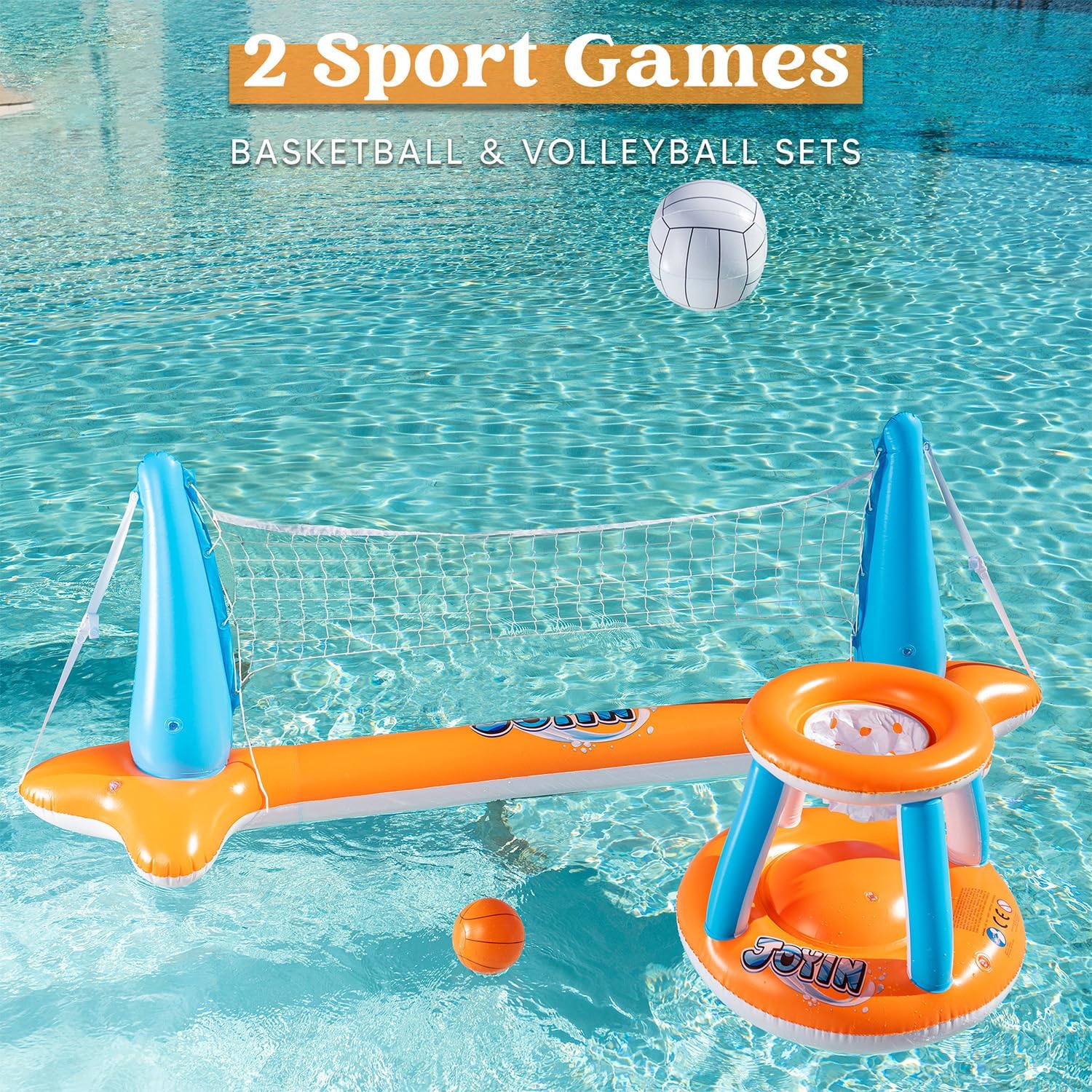 Pool Toys Games Set-Inflatable Pool Float Set Volleyball Net & Basketball Hoops, 2 In1 Floating Swimming Game Toy, Volleyball Swimming Pool Game for Kids and Adults, Backyard Beach Summer Toys