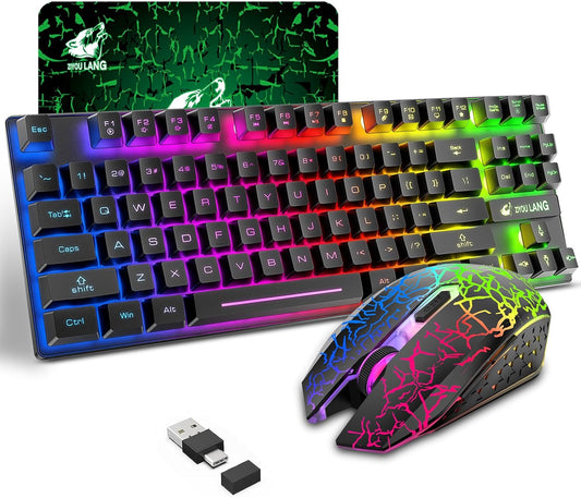 Wireless Gaming Keyboard & Mouse Combo – 87-Key TKL Rainbow RGB Backlit, Rechargeable 3800mAh Battery, Anti-Ghosting, Mute Mouse & Pad, Black
