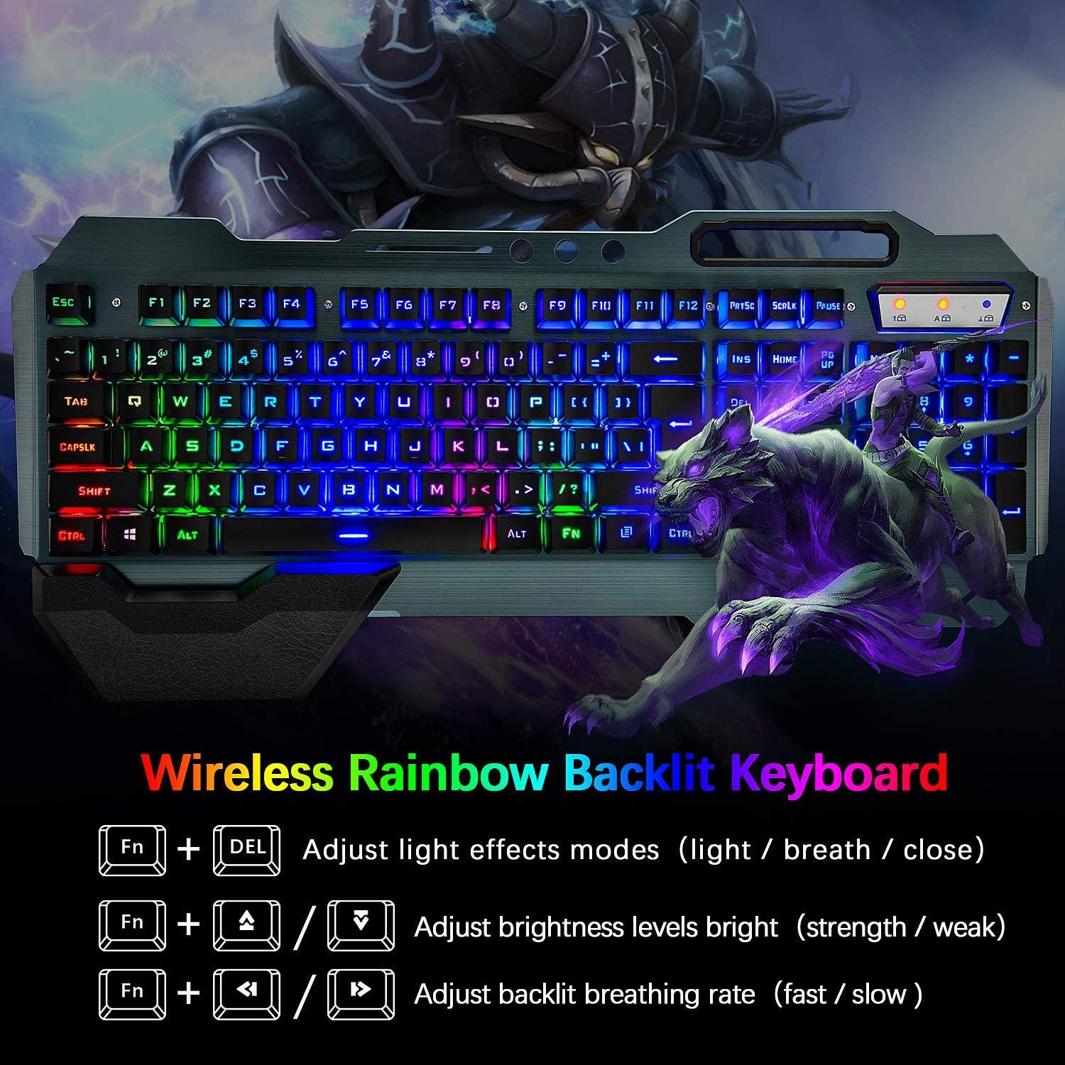 Wireless Gaming Keyboard and Mouse Combo Rainbow Backlit Rechargeable 2.4GHz USB Mechanical Feel Keyboard with 3800mAh Battery and 2400 DPI Mouse