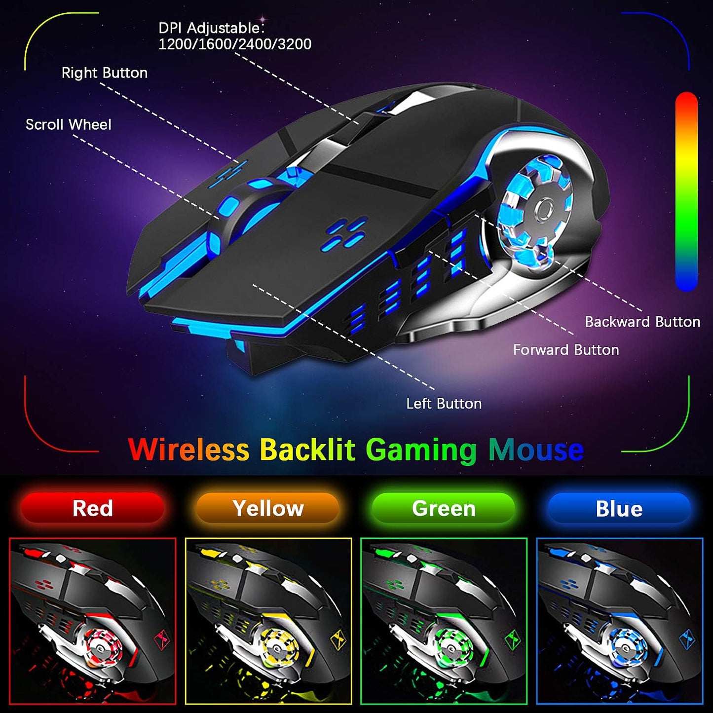 Wireless Gaming Keyboard and Mouse Combo Rainbow Backlit Rechargeable 2.4GHz USB Mechanical Feel Keyboard with 3800mAh Battery and 2400 DPI Mouse