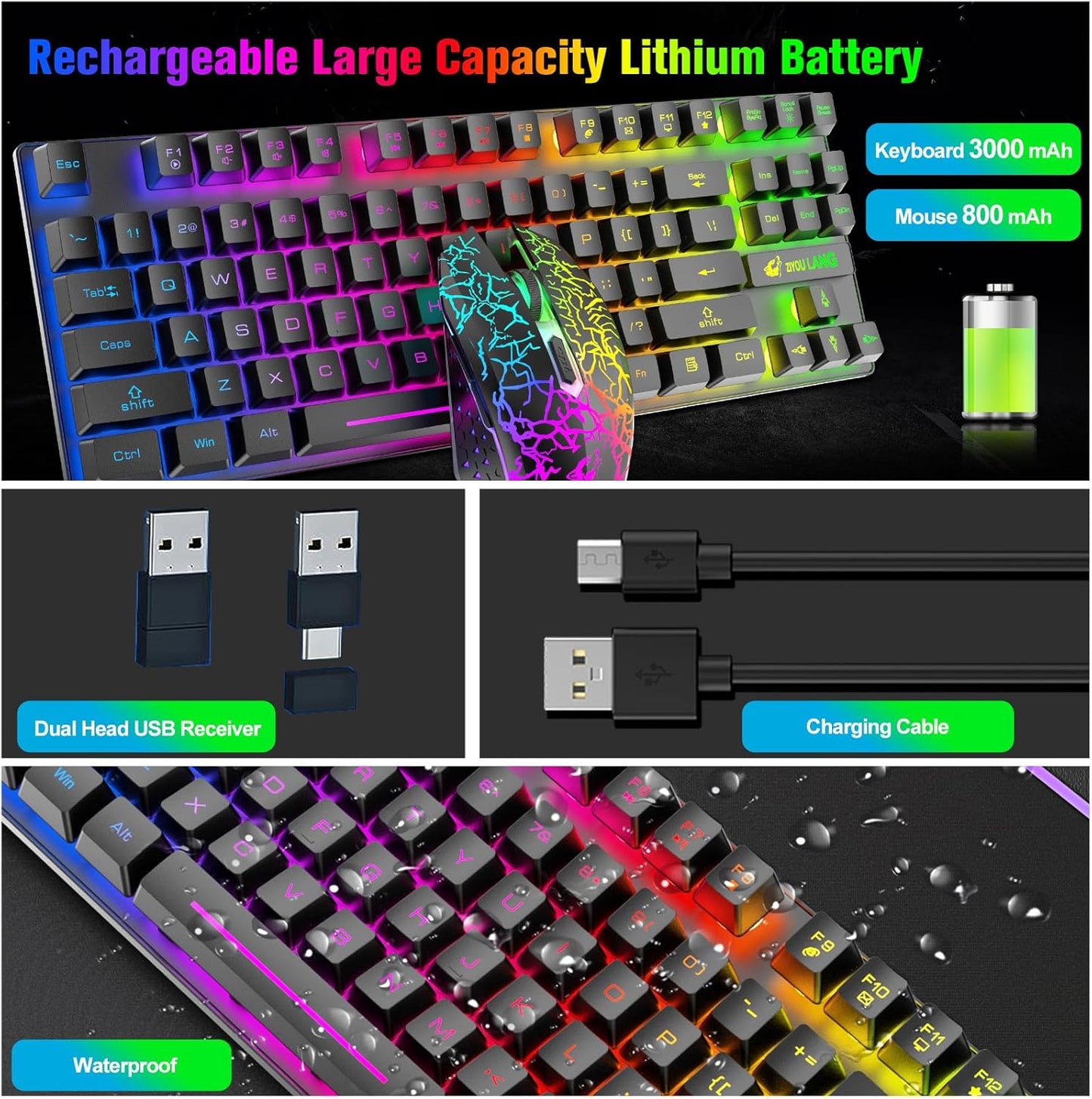 Wireless Gaming Keyboard & Mouse Combo – 87-Key TKL Rainbow RGB Backlit, Rechargeable 3800mAh Battery, Anti-Ghosting, Mute Mouse & Pad, Black