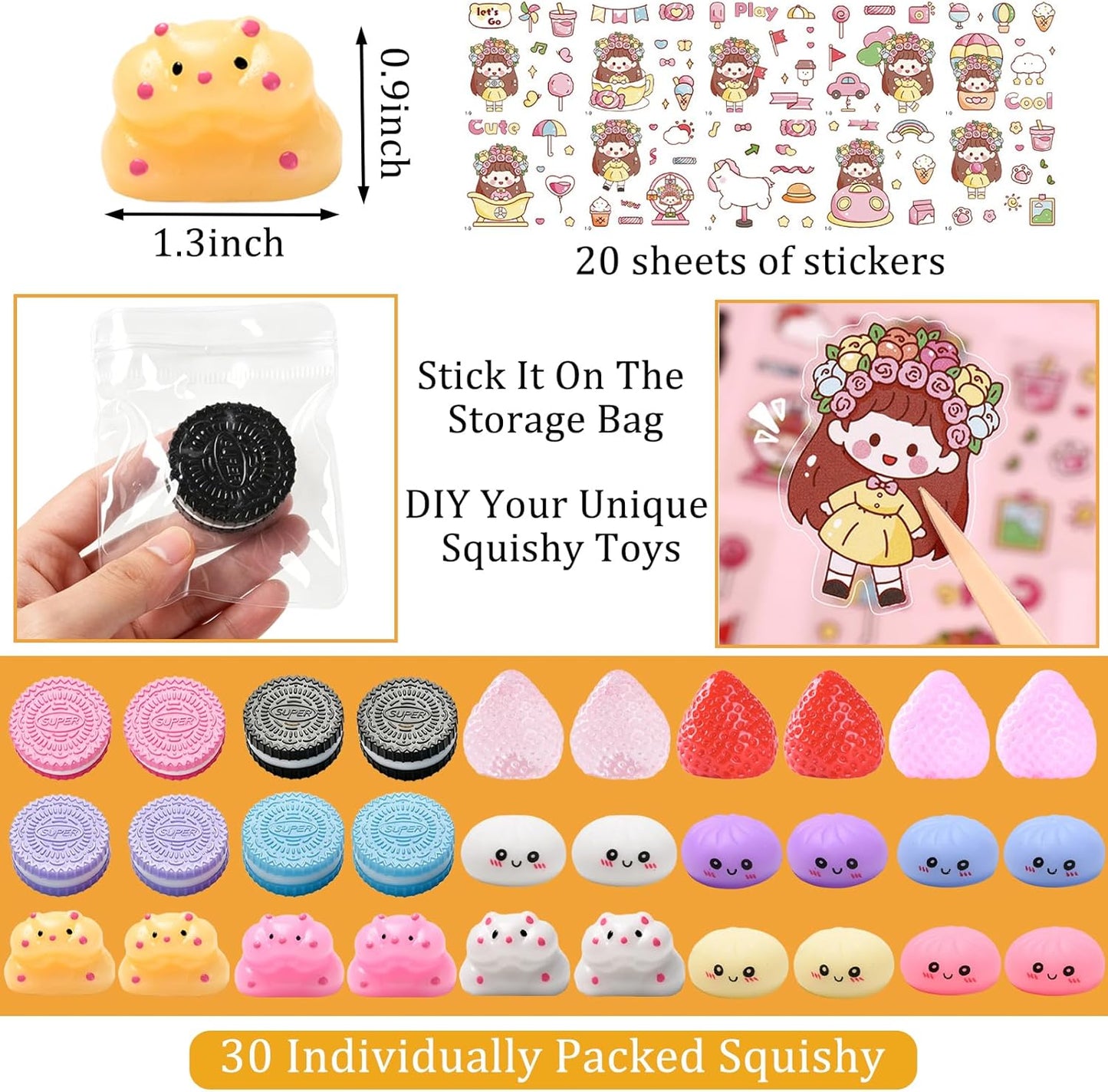 30Pcs Taba Squishy Toys Kit, Mini Kawaii Squishy Stress Relief Fidget Toys for Party Favors Birthday Gifts, Include Cookies, Hamster, Strawberry Toys & 20 Sheets Stickers