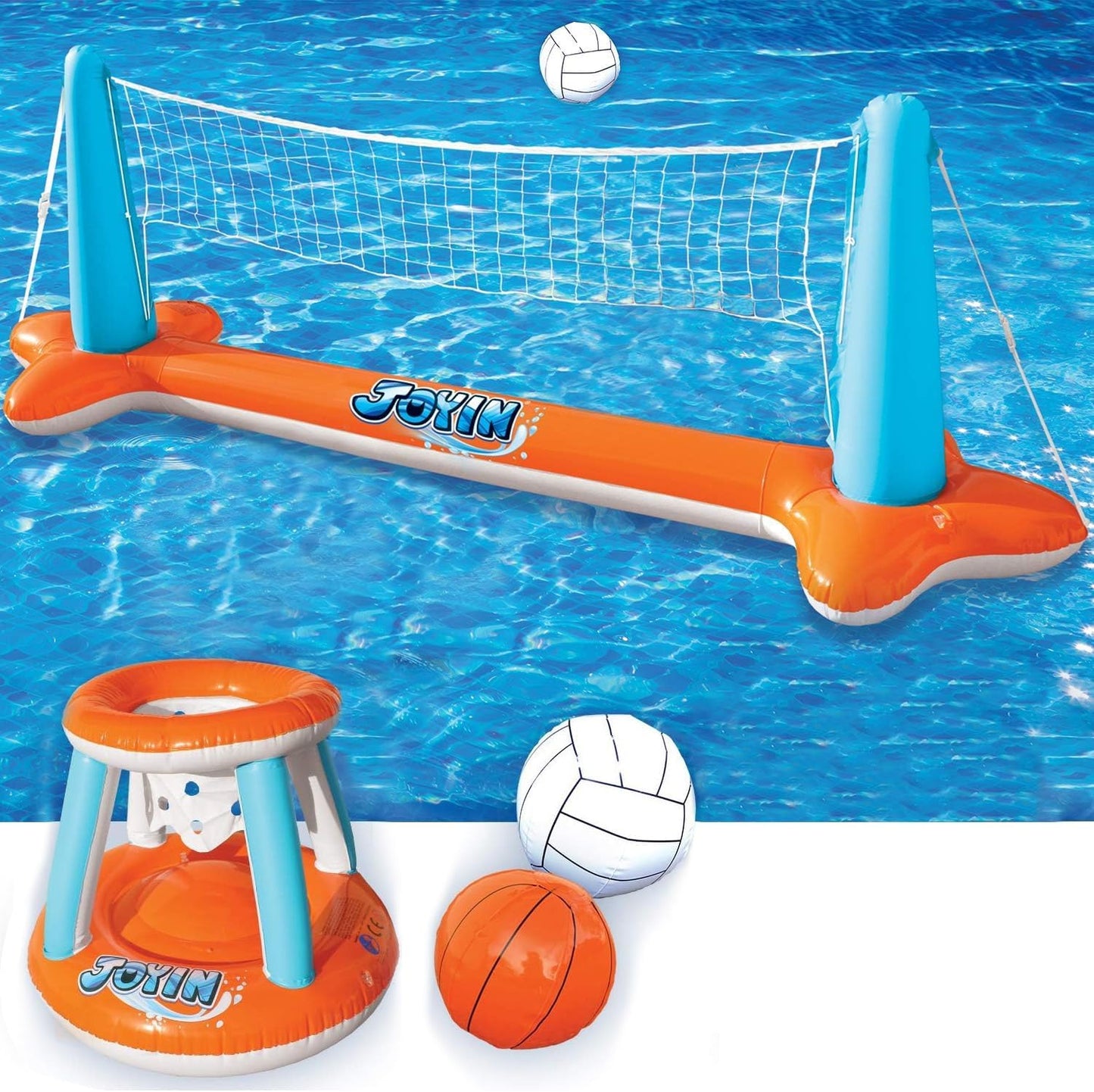 Pool Toys Games Set-Inflatable Pool Float Set Volleyball Net & Basketball Hoops, 2 In1 Floating Swimming Game Toy, Volleyball Swimming Pool Game for Kids and Adults, Backyard Beach Summer Toys
