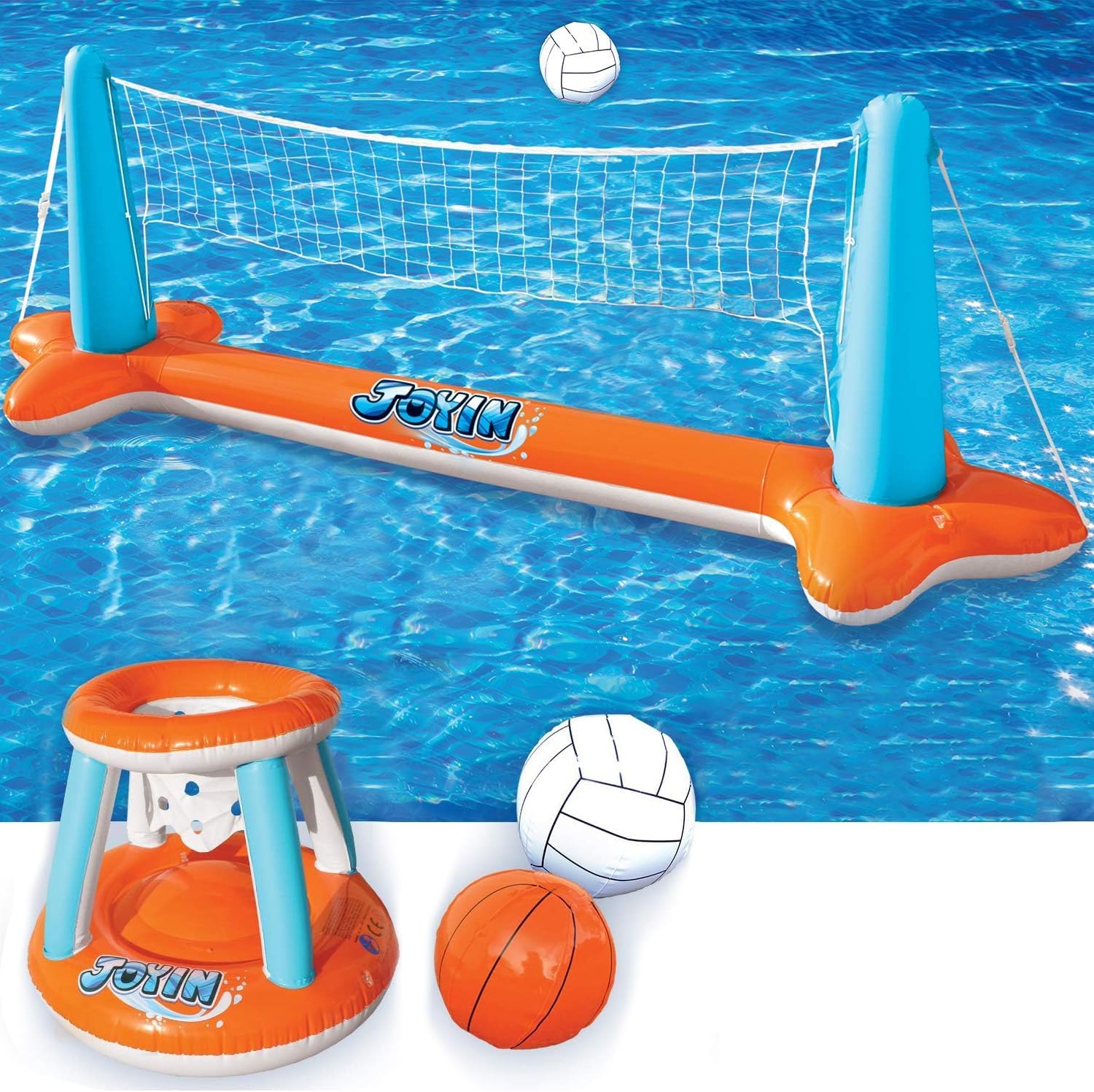 Pool Toys Games Set-Inflatable Pool Float Set Volleyball Net & Basketball Hoops, 2 In1 Floating Swimming Game Toy, Volleyball Swimming Pool Game for Kids and Adults, Backyard Beach Summer Toys