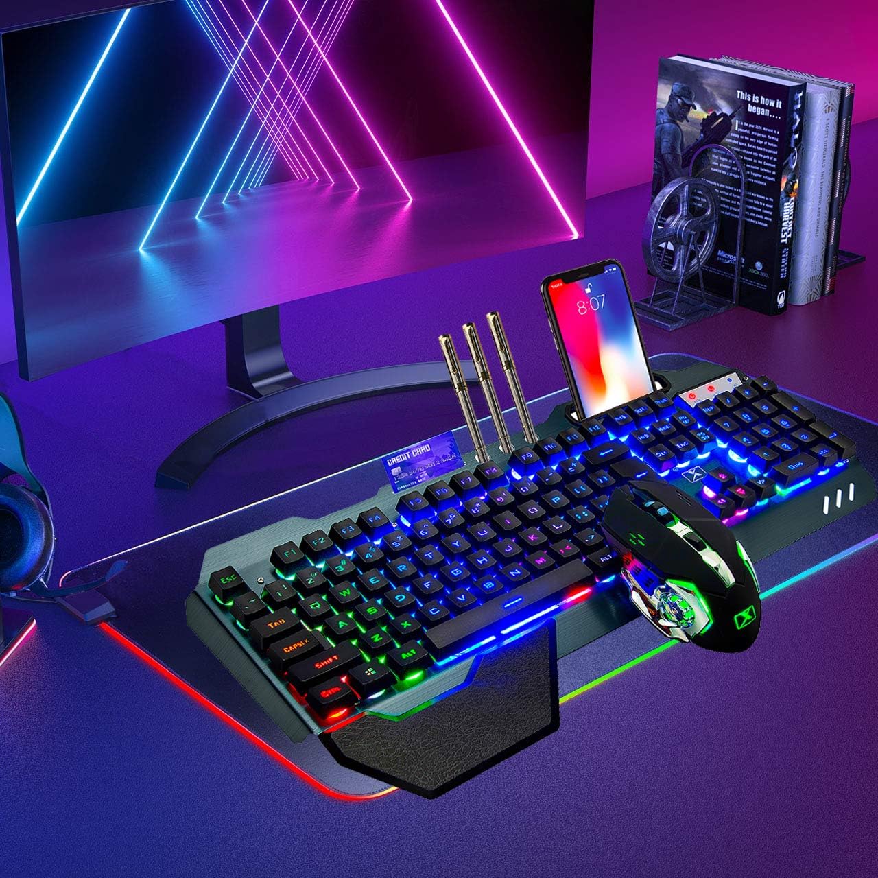 Wireless Gaming Keyboard and Mouse Combo Rainbow Backlit Rechargeable 2.4GHz USB Mechanical Feel Keyboard with 3800mAh Battery and 2400 DPI Mouse