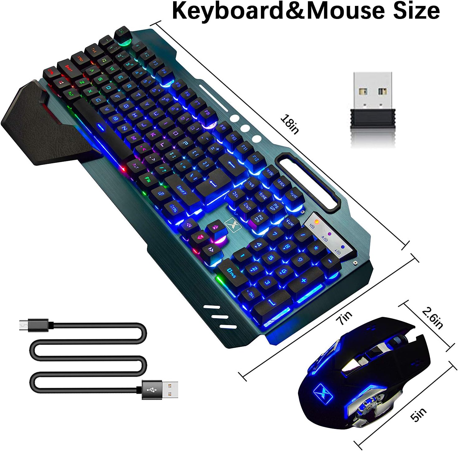 Wireless Gaming Keyboard and Mouse Combo Rainbow Backlit Rechargeable 2.4GHz USB Mechanical Feel Keyboard with 3800mAh Battery and 2400 DPI Mouse